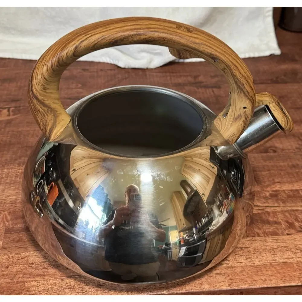 BRANDANI Tea Kettle 3 Quart Faux Wood Soft Touch Handle Stainless Steel
